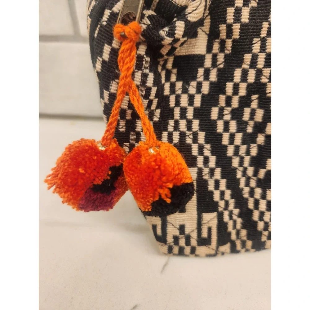 Lovestitch Black and Cream Colorful Pom Poms Boho Makeup Bag Pouch Made in India